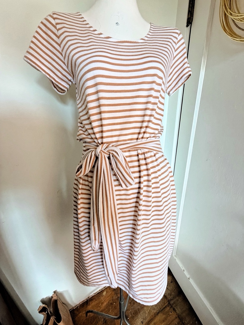 Cotton On Striped Tie Waist T Shirt Dress Tan White Size S Casual Mini NWOT